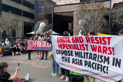 Bayan Australia outside the US Embassy & Consulate for the International Peace Day Rally Against AUKUS on 20 September, 2026.