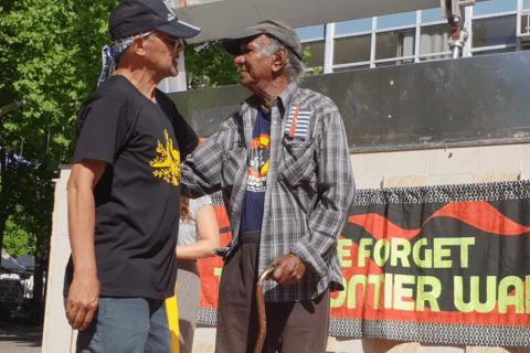 Kevin Buzzacott and Robbie Thorpe at Invasion Day Rally Canberra in 2019.