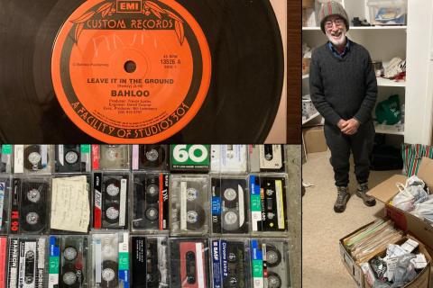 The original 45" with 'Leave it in the Ground' the theme song for the Radioactive Show across many years, some of the archives on cassette, producer for 18 years Eric Miller handing over boxes and bags of archive material.