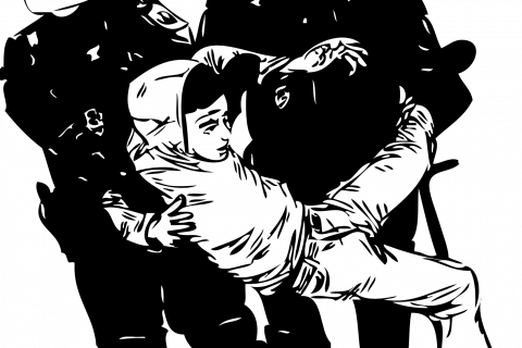 Stencil style drawing of two militarised police (faces obscured by helmets) carrying a young person wearing a hoody