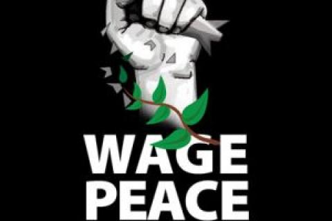 Image of fist holding bomb with vine wrapped around wrist. Words beneath say Wage peace, Disrupt War.