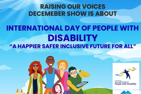 Illustration of the sun shining high in the sky, the sky is clear and blue the grass is green and lush where a companion dog and 5 diverse people with both visible and invisible disabilities have come together to share their experiences and celebrate each other.