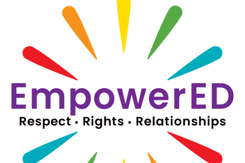 EmpowerED in purple letters alongside the words Respect. Rights. Relationships surrounded by Red Orange Yellow Green and Blue rays in an exploding circle around the words