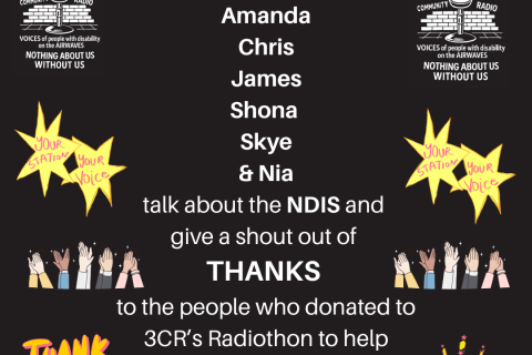 Thankyou to our Radiothon Donors image features text on a black background and pictorial details of the program