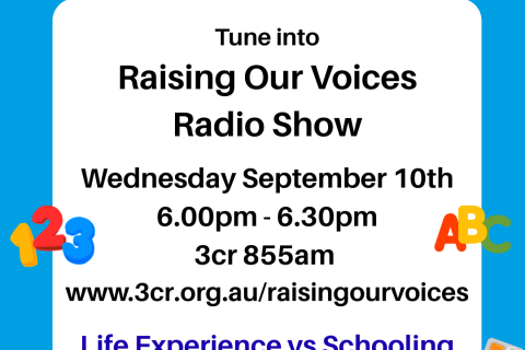 Blue and White Poster Raising our Voices Education VS Schooling