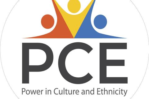 The Power in Culture and Ethnicity Logo features the letters P C E under red yellow and blue figures of people