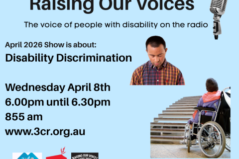 The words Disability Discrimination and images of a sad face and a wheelchair at the bottom of stairs to a building on a sky blue background. Date and time of original broadcast Wednesday April 8th at 6pm on 3CR 855am