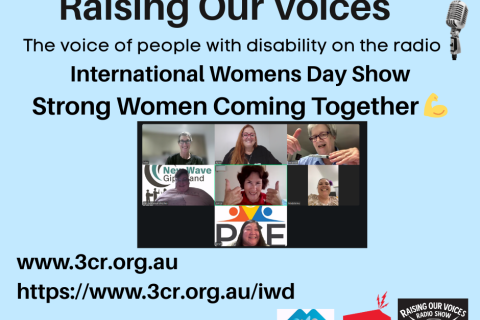 Image of the group recording the show wishing everyone a Happy International Women's Day.