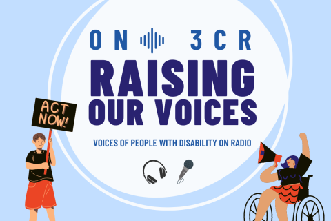 ​Raising Our Voices Radio show image. Image features 2 self advocates one in a wheelchair holding a megaphone the other holding a sign saying Act Now!