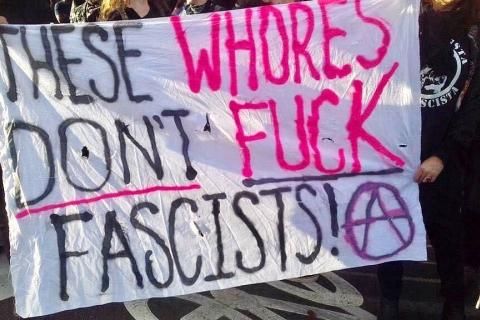 Antifascist sex workers at anti-Milo Yianopolis antifa protest, holding a banner reading "These Whores Don't Fuck Fascists" (circle A). Naarm/ Melbourne, 2018.