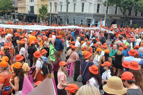 A sea of orange hats for the Respect Rally Melb, 24-11-2023