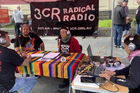 Pictured: Host Annie interviewing PPTEU members in the 3CR marquee with Outside Broadcast Tech Phuong in 2024.