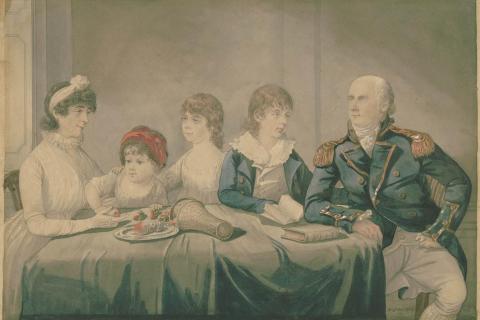 Robert Dighton (1752-1814), Philip Gidley and Anna Josepha King, and their children Elizabeth, Anna Maria and Phillip Parker, 1799, watercolour. Mitchell Library, State Library of New South Wales