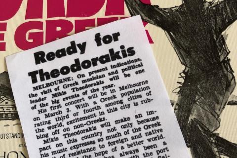 Collage: Album cover of the soundtrack of the film Zorba the Greek with excerpt of an article from The Tribune 1972 from Trove