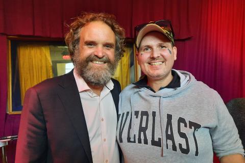  Disability-justice self-advocate, Jai Haines (r), with Fitzroy Legal Service Managing Lawyer in Drug Outreach, Adam Willson (l), at Bakehouse Studios recording the All Been Inside series.
