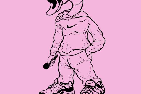 A figure with a swan's head, wearing a tracksuit and holding a microphone. Black line work drawing on a pink background.