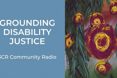 Image description: A digital artwork that features large, circular dark pink blooms. They appear hanging alongside long, green and blue foliage against a sunset coloured sky. The text is as follows: Grounding Disability Justice 3CR Community Radio. 