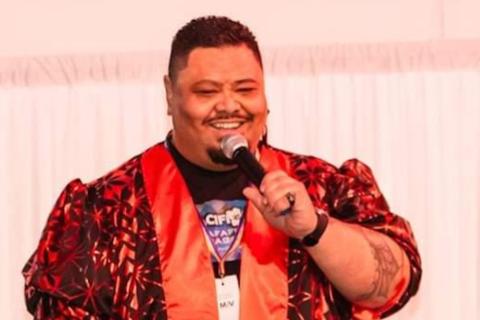 Marqy Kitione, MCing Miss Fa'afafine Victoria Pageant 2023