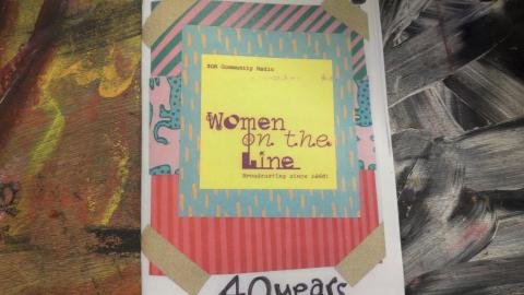 Image of zine celebrating 40 years of Women on the Line on a colourful background