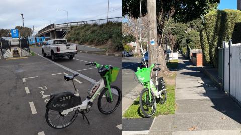 Lime bikes parked at Burnley Station and a nature strip in Richmond. Images supplied.