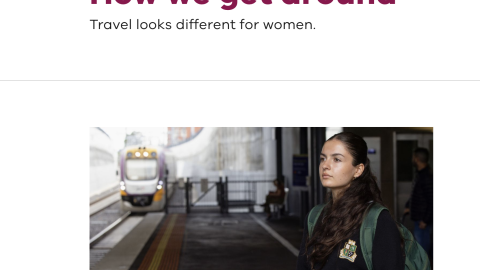 A webiste page with a maroon banner is labelled "Budget 2026/27" and has the Victorian govvernment logo. It features a photo of a women with a train in the distance and the headline reads "How we get around Travel looks different for women."  