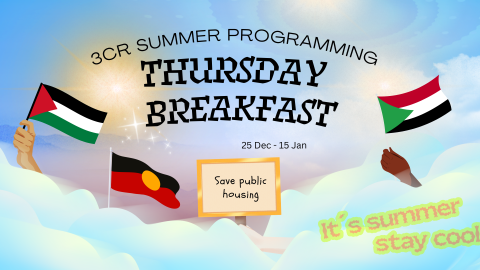 Text reads: 3CR  Summer Programming Thursday Breakfast. 25 Dec - 15 Jan. It's summer stay cool. Image: Hands in clouds holding Aboriginal, Palestinian, Sudanese flags and signs.