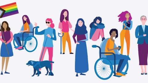 A graphic of 9 women with disabilities of varying ages and ethnicities, two using wheelchairs, one with a guide dog, one with a baby, one using a crutch and one holding an LGBTQIA+ flag.