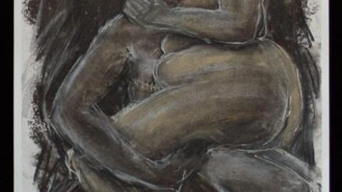 A rough drawing in charcoal of a sex scene of two naked people: a light-brown fat woman with shoulder-length straight hair, straddling her lover over a wheelchair. Her breasts obscure her lover's face, hanging slightly over her rounded belly that presses into them. Her round arse is supported on her lover's bare thighs. She has her hand around the back of her lover's neck. They have muscled arms, one flexed as it reaches beneath her thigh to hold her over them. A golden scar line is visible on their chest.