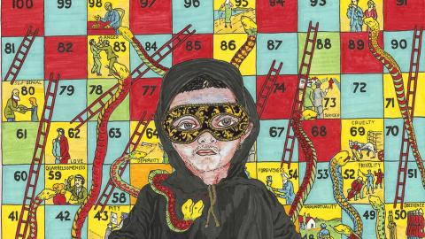 A cropped image of a Bollywood poster style Texta drawing of a light blue and pink toned person wearing a yellow and black patterned mask over their eyes, blue jeans and a black hoodie that reads,'NOT YOUR QTPOC CELEBRITY' in gold. The background is a mid-century snakes and ladders game.