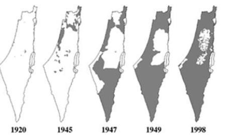 Figure 2 from "Sharing the Land of Canaan", 2004, Mazin Qumsiyeh: This is the first depiction of the shrinking map of Palestine which was developed by Prof. Qumsiyeh and his son (based on shrinking map of USA) and then was adopted and used widely around the world.