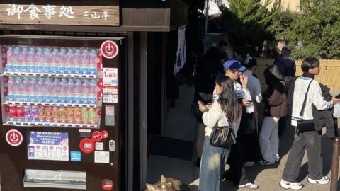 A photo of a deer at Nara Park in Japan lying down next to a vending machine.