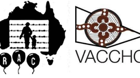 Two logos side by side. Refugee Action Coalition on the left: Silhouette of a map of Australia with an an adult and child over a background with barbed wire in the centre with the letters R A C in balloons underneath. On the right is a traditional painting depicting tracks and sitting circles, inside a geometric triangle in the shape of the state of Victoria, with the word VACCHO underneath. 