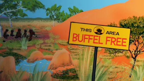 Painting of an arid central desert environment, with a sign saying 'This Area Buffel Free' and Indigenous figures gathering in the background.