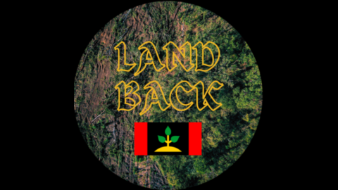 Image from the campaign to return Lee Point to Larrakia people. Featuring the words 'Land back' with the Larrakia flag and an aerial view of Lee Point.