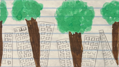 Urban nature illustration featuring trees and skyscrapers.