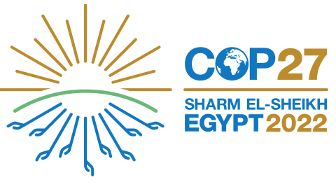 COP27 logo which has image on the left of sun, land and water made of simple lines, and on the right the words COP27, Sharm El-Sheikh, Egypt 2022