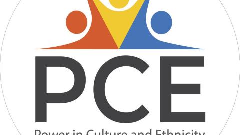 The Power in Culture and Ethnicity Logo features the letters P C E under red yellow and blue figures of people
