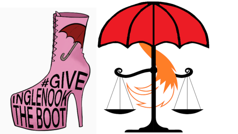 drawing of a pink stiletto platform boot with a red umbrella & "give Inglenook the boot" written on it, and a seperate drawing of a red umbrella with justice scales hanging on either side of it, and a fox's tail hanging down