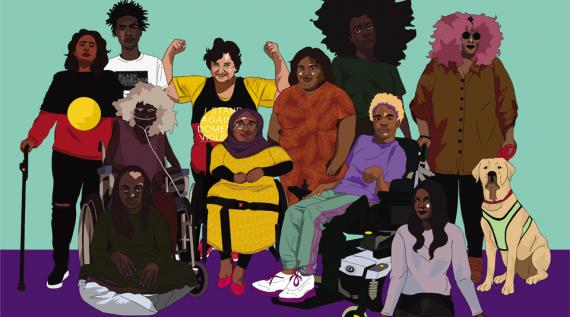 Poster art for 3CR Disability Day Broadcast 2019 by Rukaya Springle (aka clitories).   IMAGE DESCRIPTION: A colourful digital illustration of a group of people with different visible and invisible disabilities, gathered together in a group. They have different skin tones, and appear to be different ages. One of the people illustrated is Jane Rosengrave; she is flexing her biceps and wearing an Aboriginal Flag t-shirt.