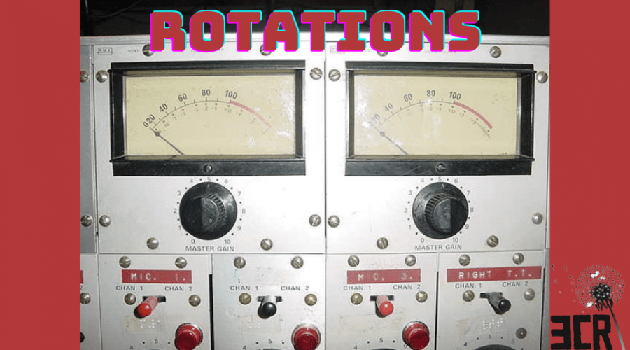Image of VU meters with the words ROTATIONS written in red above them. There is a 3cr logo in the bottom right hand corender in black.