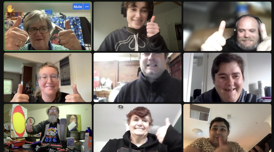 Some of the Raising Our Voices team in a zoom meeting, all smiling with their thumbs up. From top to bottom: Amanda, Miranda, James, Gab, Chris, Heather, Warren, Jane and Shona
