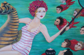 Image of a woman riding a seahorse - Illustration by Liza Dezfouli