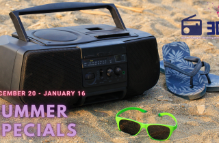 Image of a radio, sunglasses and thongs on the beach with the words Summer Programs over the top
